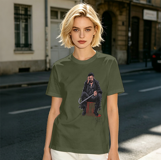 Olive T-shirt with seated bearded man holding crowbar graphic