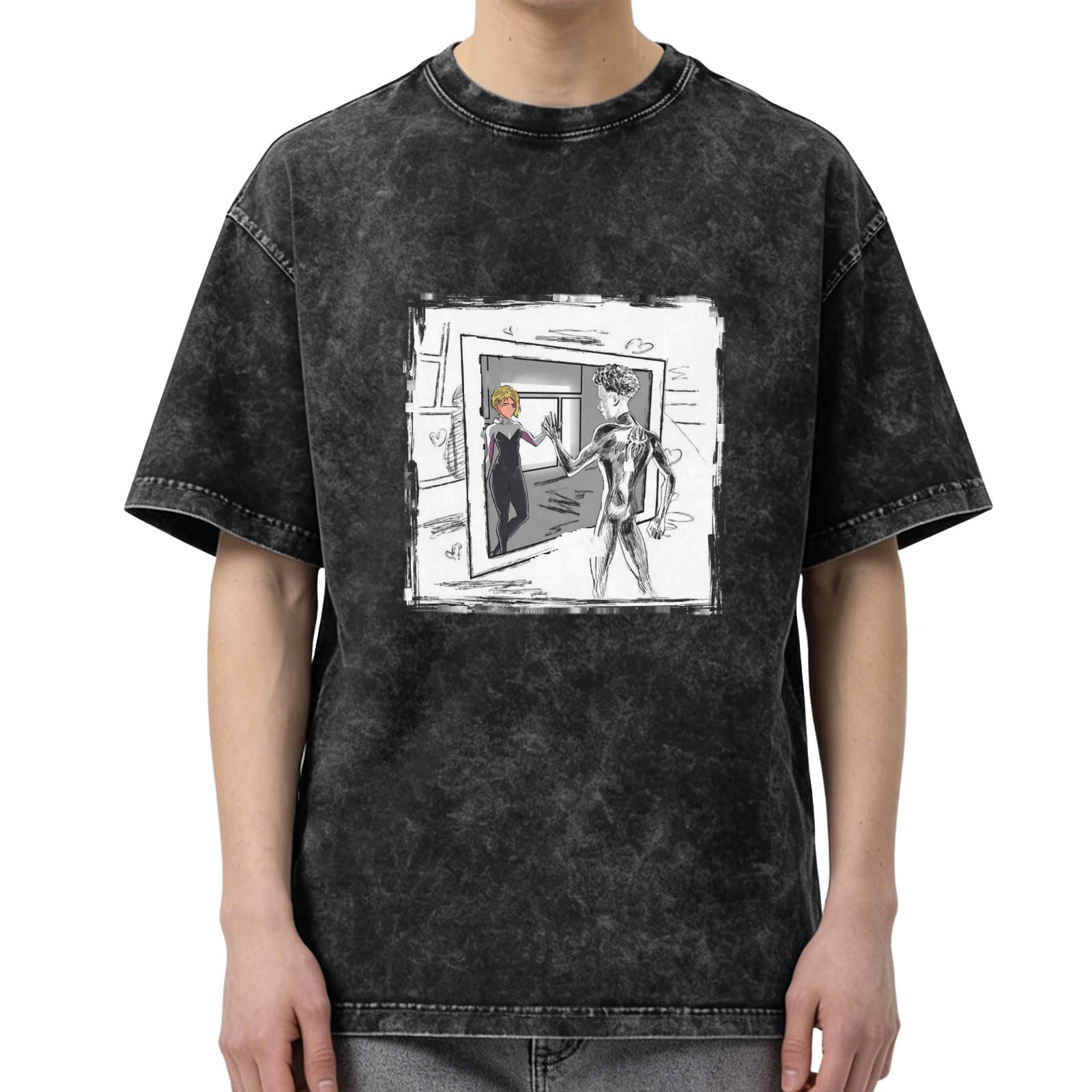 Oversized Stonewashed T-Shirt With Spider Gwen And Miles Art Print