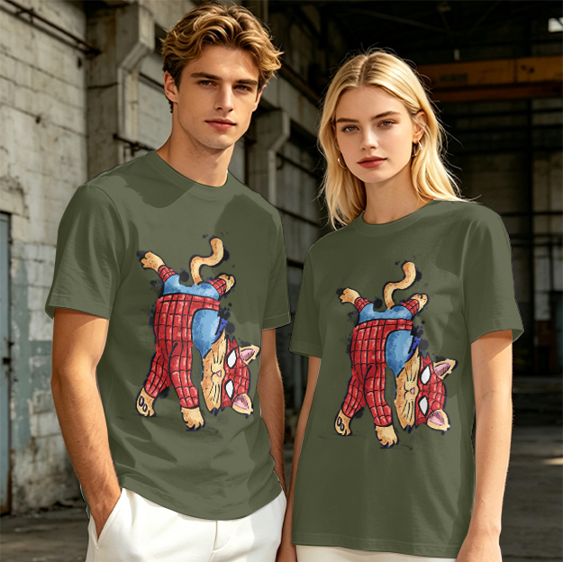 Olive T-Shirt With Playful Spider Cat Superhero Graphic Print