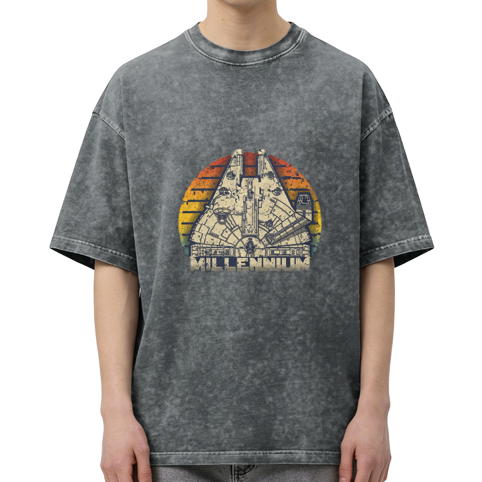Washed Black T-Shirt with Millennium Falcon Retro Sunset Graphic
