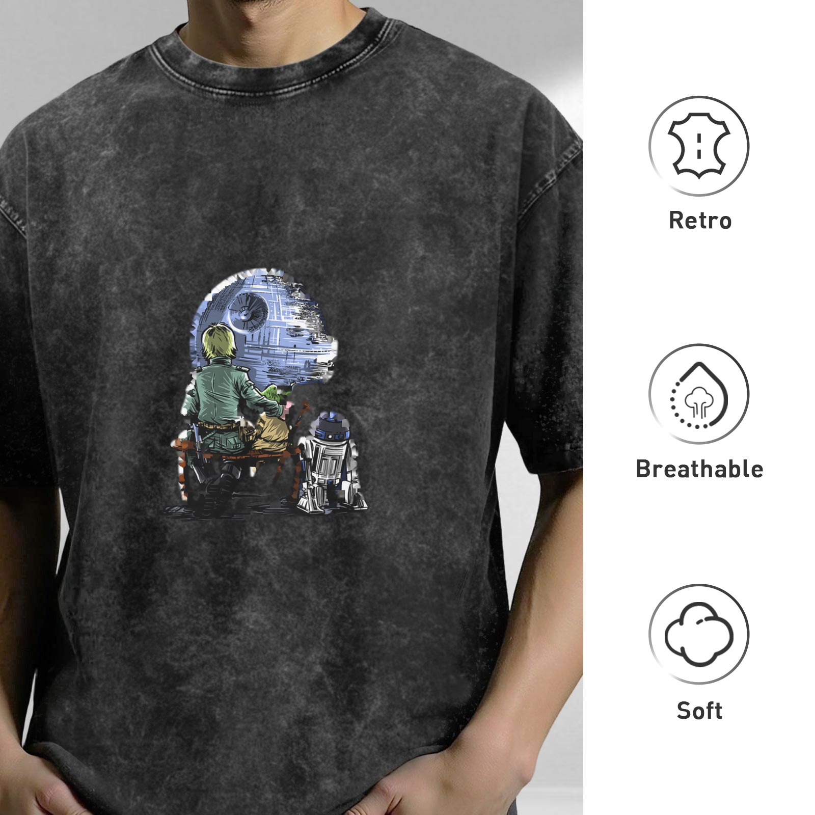 Star Wars themed acid-washed short-sleeve T-shirt with Death Star, Luke Skywalker and R2-D2 graphic print