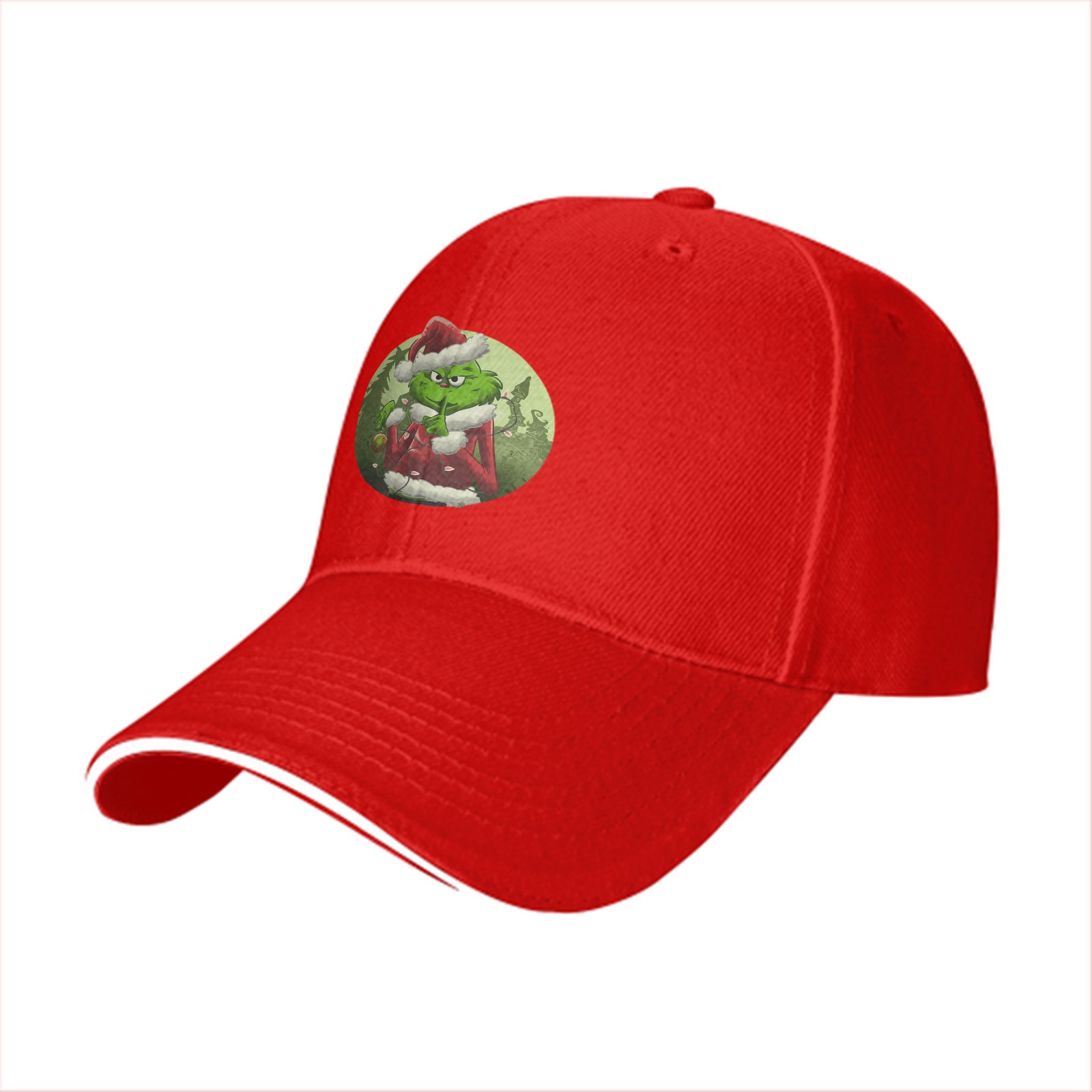 Black baseball cap with Grinch in Santa costume graphic