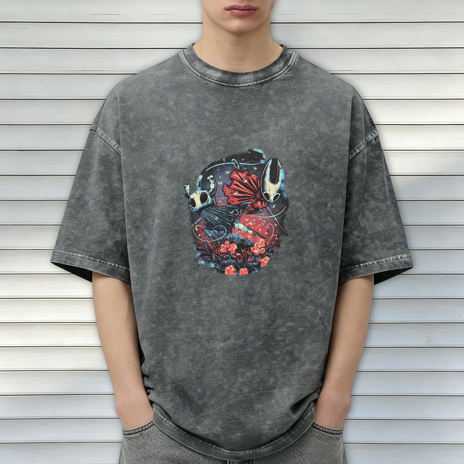 Hollow Knight Themed Dark Wash Graphic T-Shirt