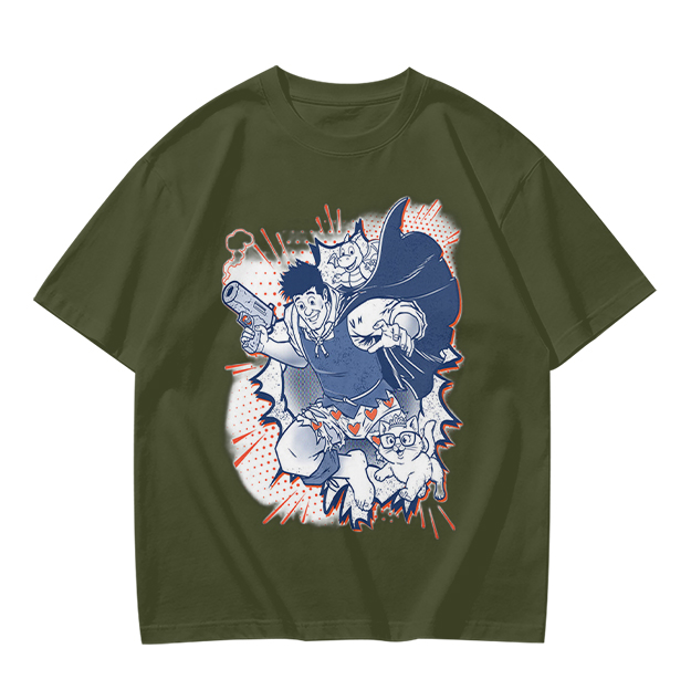 Olive T-Shirt with Playful Comic Style Character Print