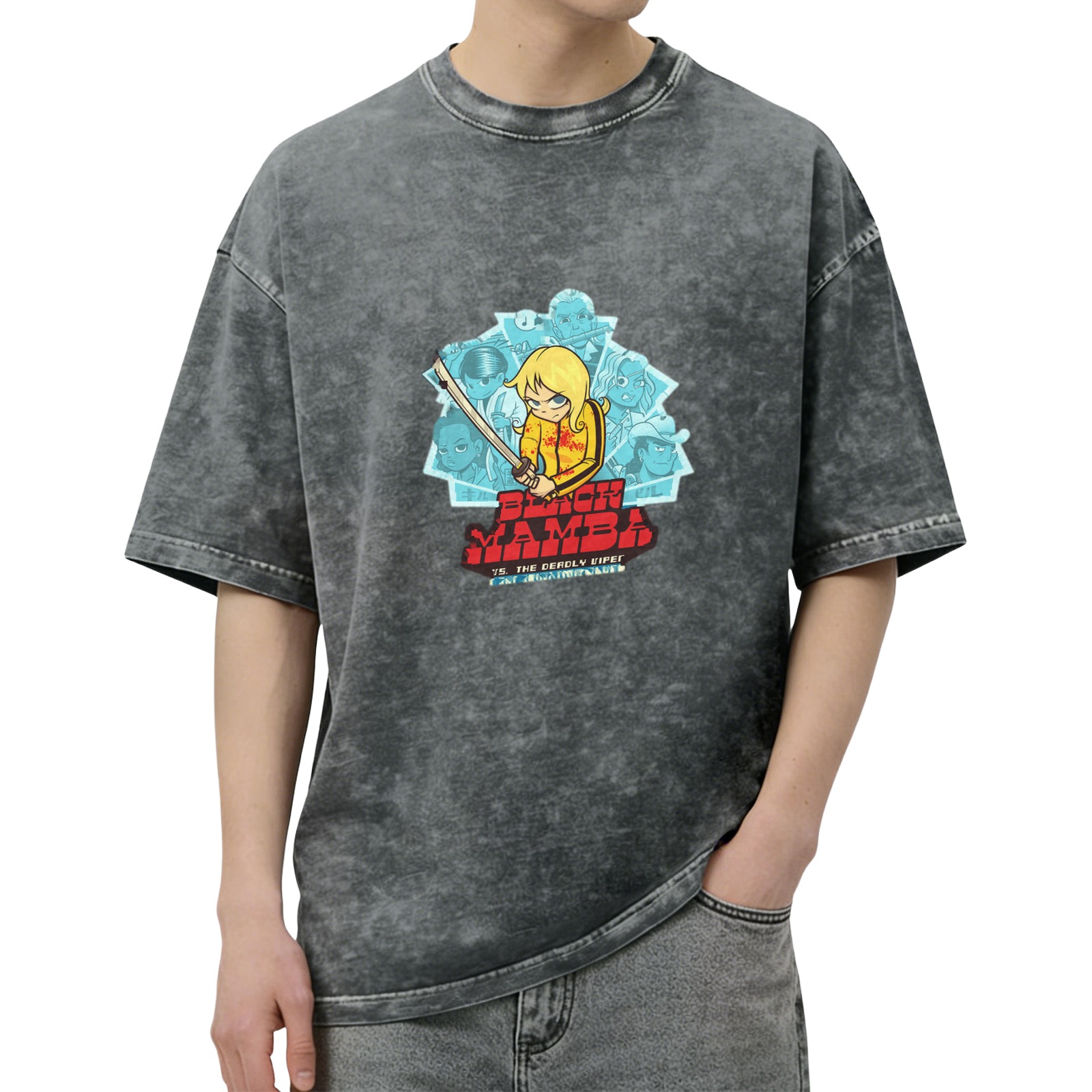 Washed distressed black short-sleeved T-shirt Kill Bill themed cartoon print Black Mamba pattern top
