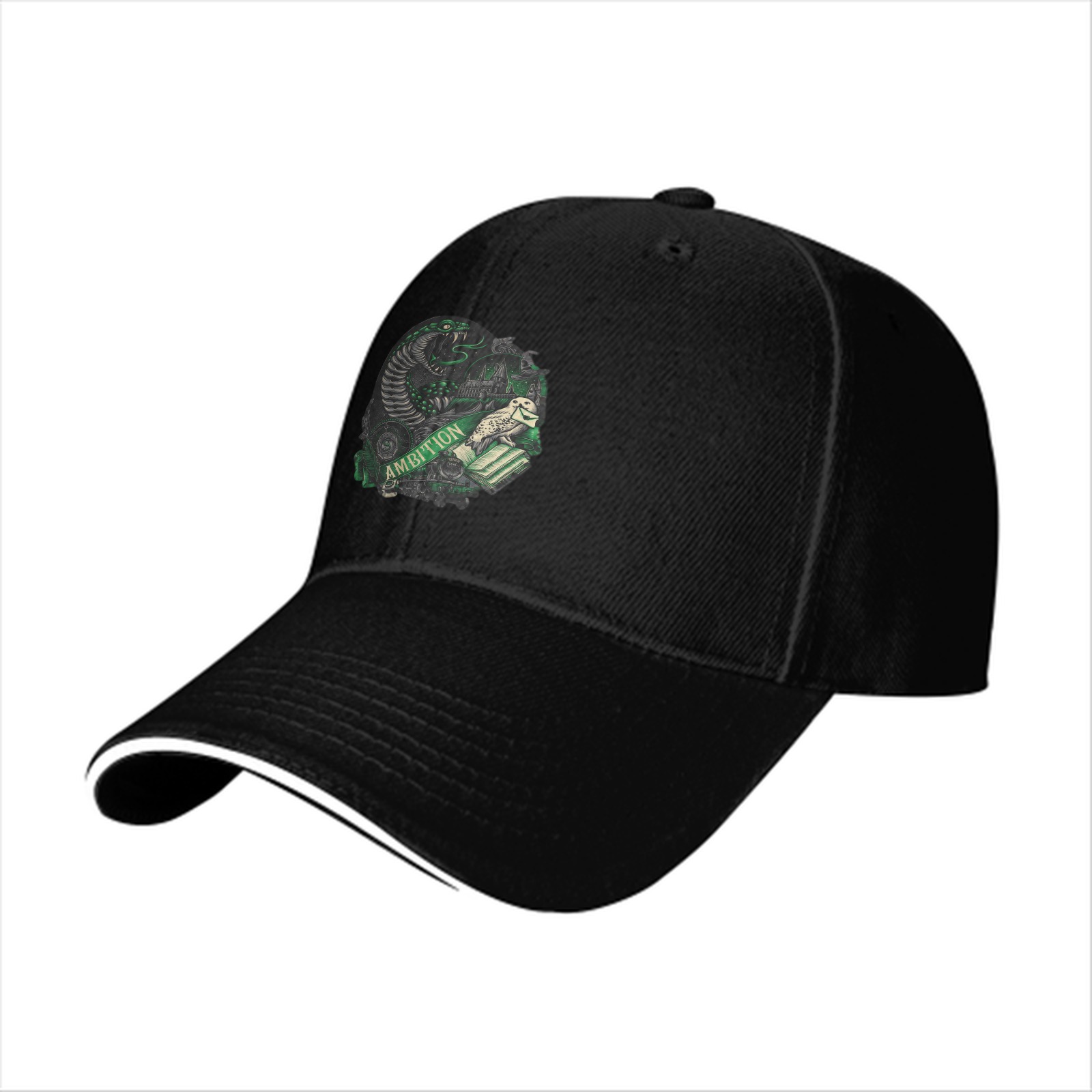 Black Baseball Cap With Slytherin Ambition Snake Crest Design