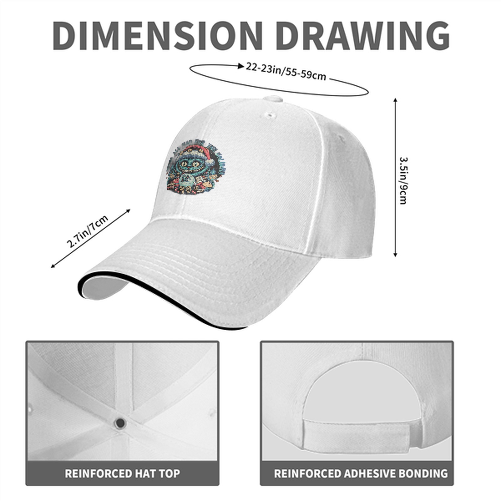 Black Baseball Cap With Cheshire Cat Holiday Christmas Print