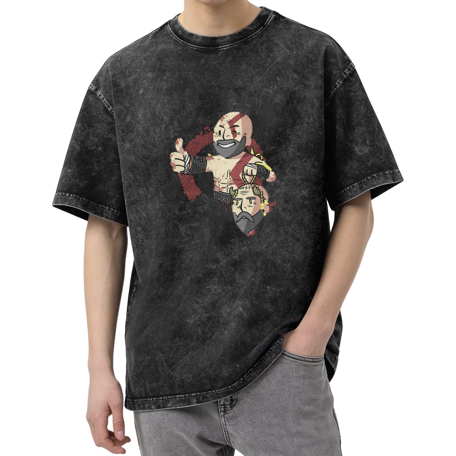Washed Black T-Shirt with Chibi Kratos Holding Mimir Head Graphic