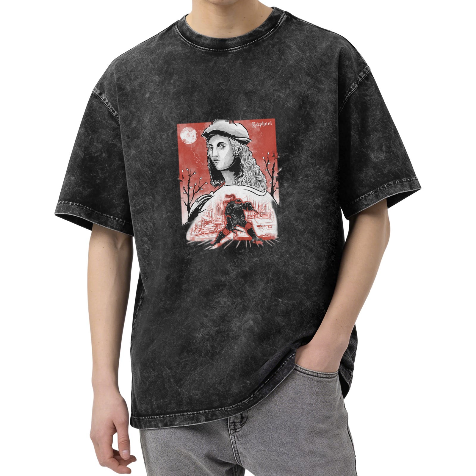 Oversized dark washed t-shirt with Renaissance artist and ninja turtle graphic