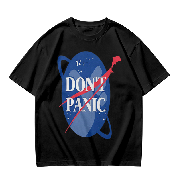 Olive green space-themed t-shirt with 'Don't Panic' print