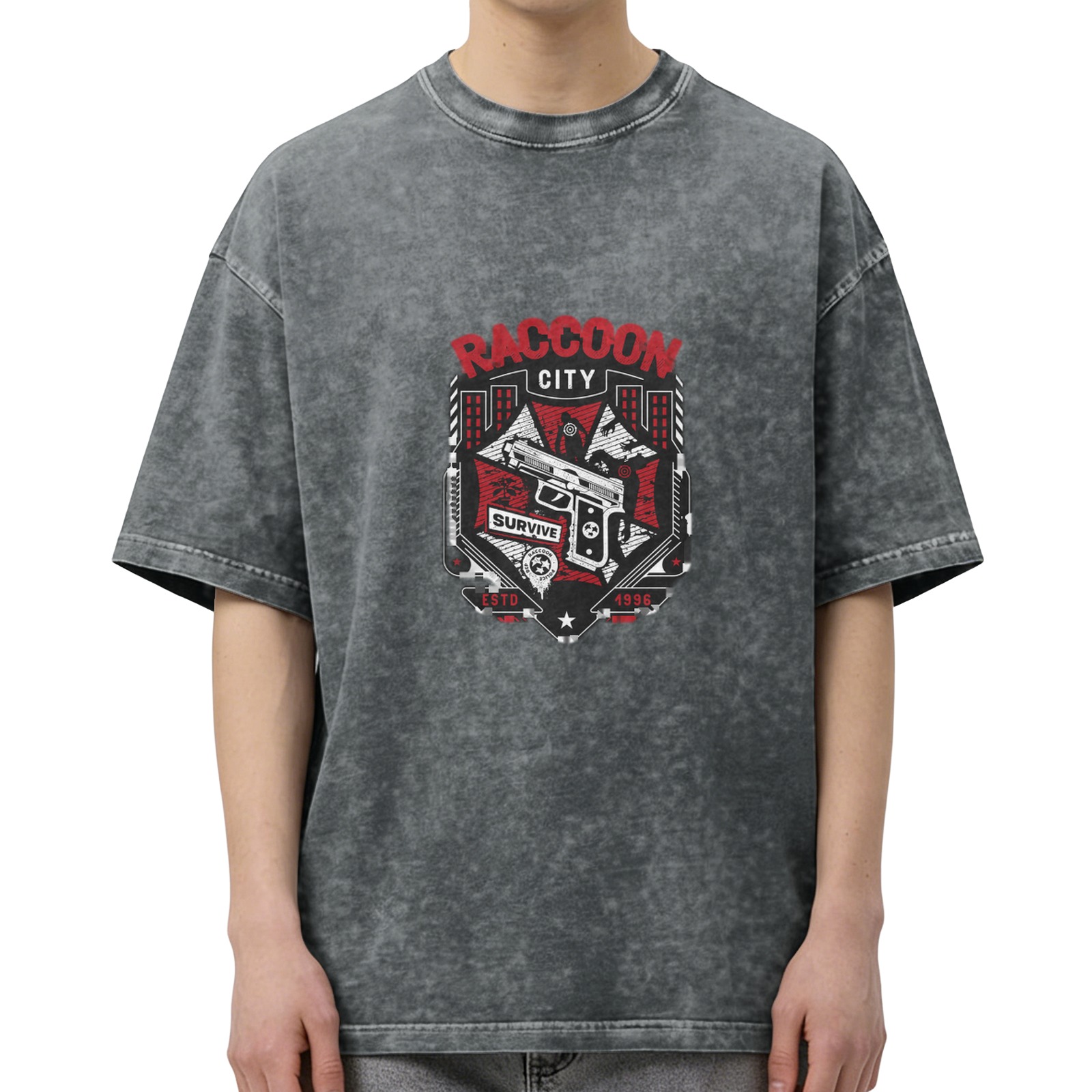Raccoon City Survive Graphic Acid Wash Black T-Shirt