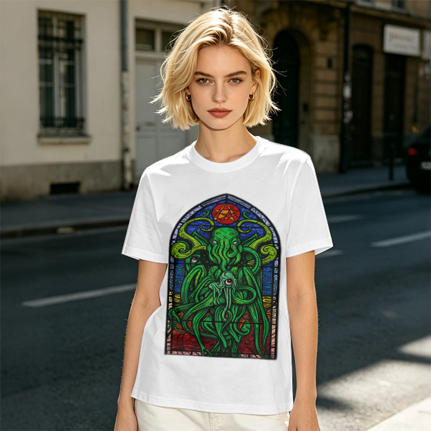 Olive T-Shirt with Cthulhu Stained Glass Style Graphic