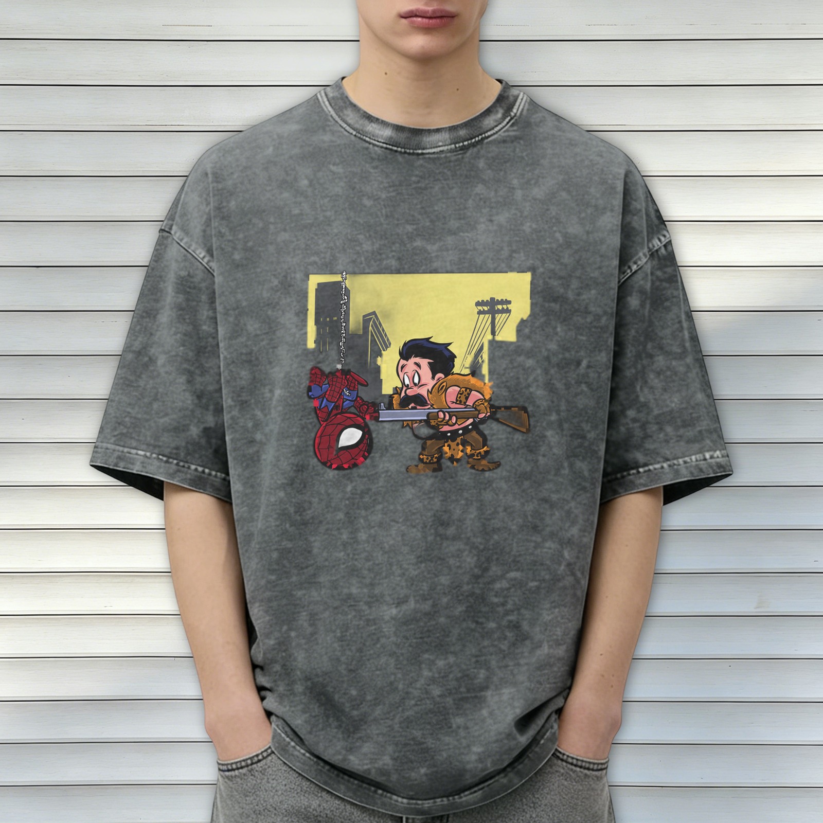 Washed black graphic tee with Spider-Man and hunter cartoon print