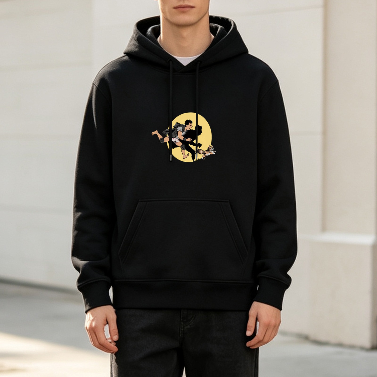 Black hoodie with running character and cat graphic design