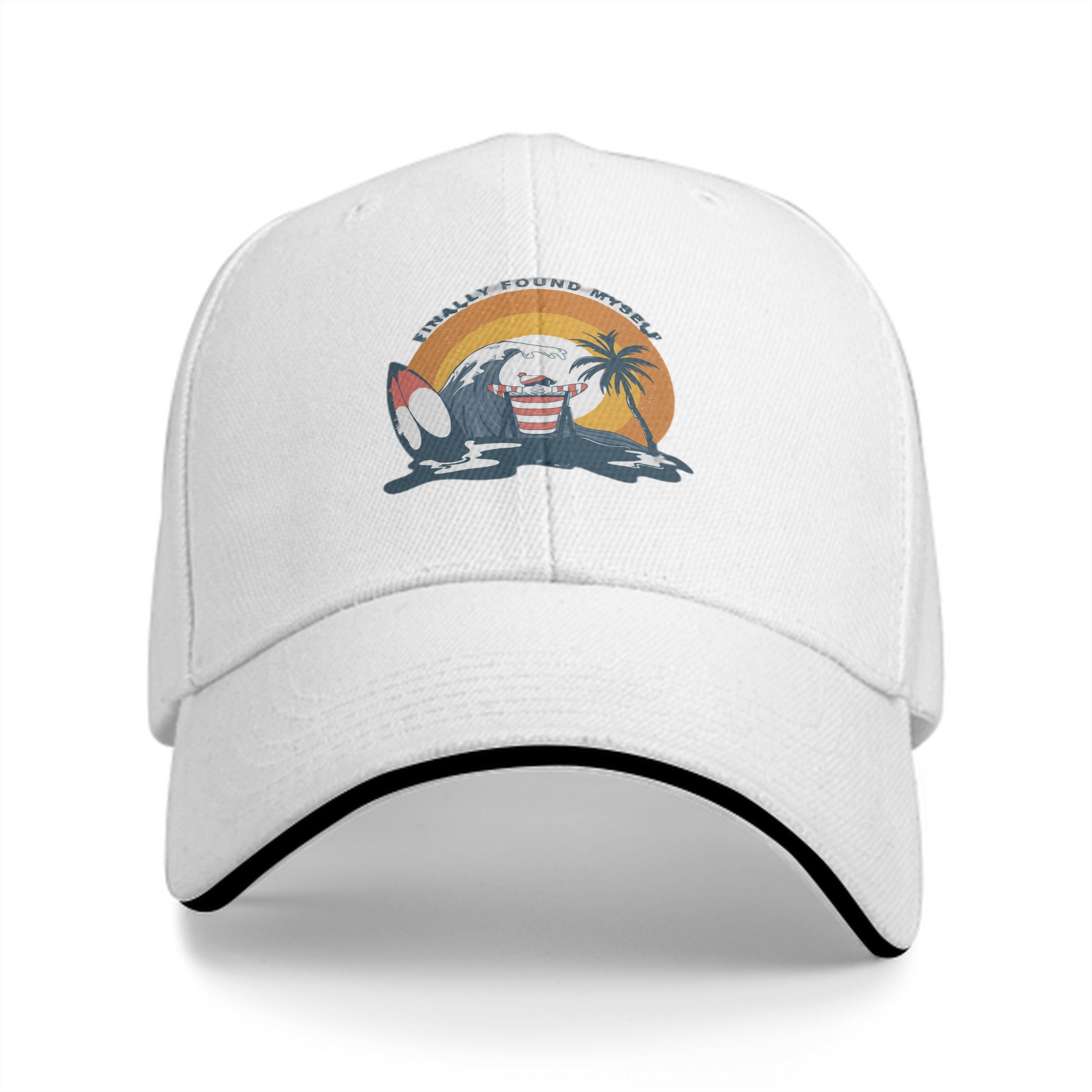Black baseball cap with retro tropical surf wave graphic