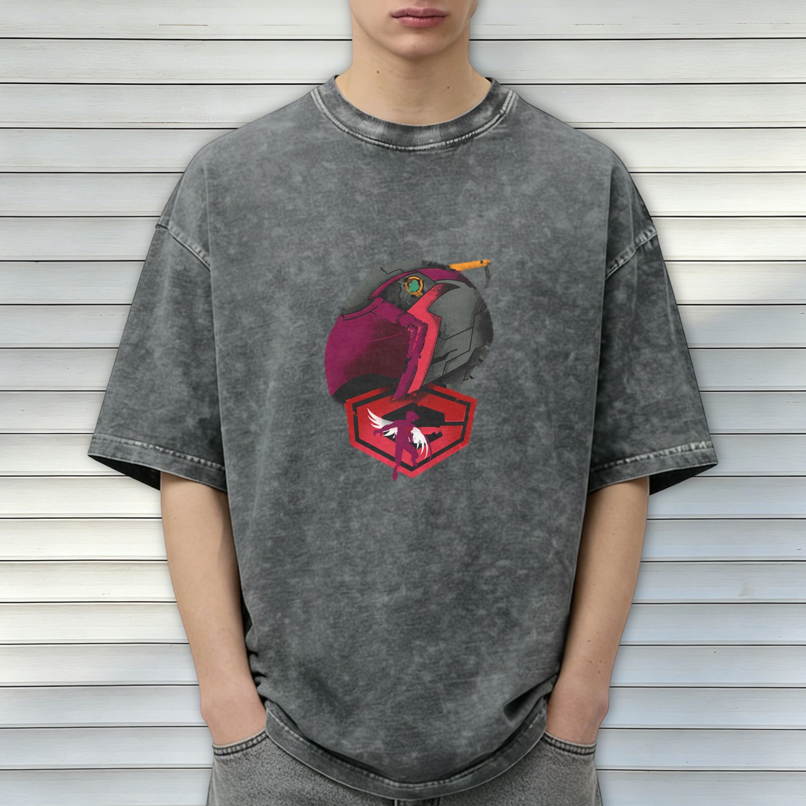 Oversized Washed T-Shirt With Mech Helmet Graphic Print