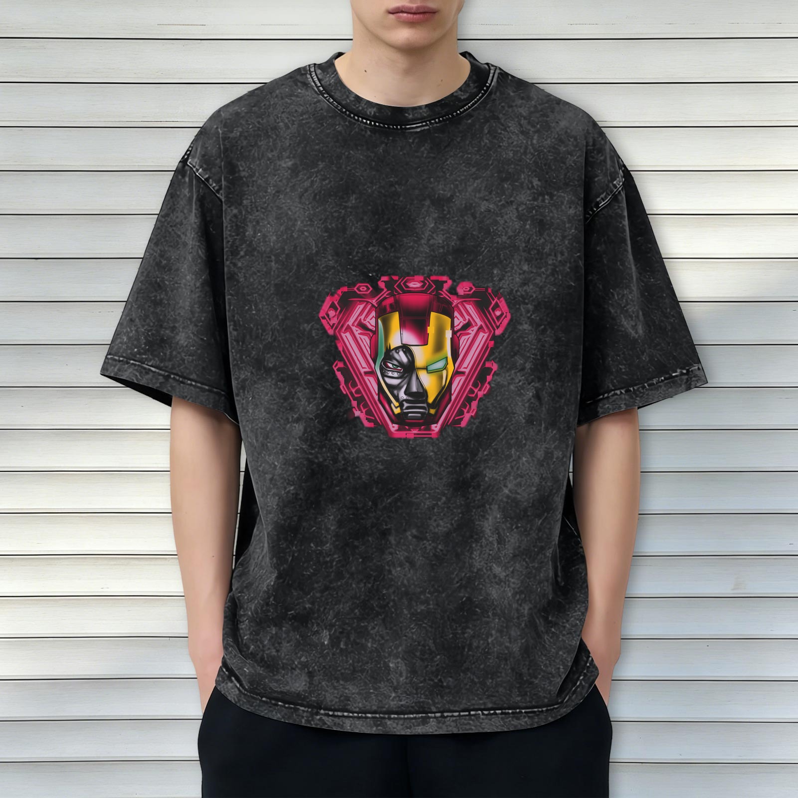 Oversized Acid Wash T-Shirt With Iron Man Graphic