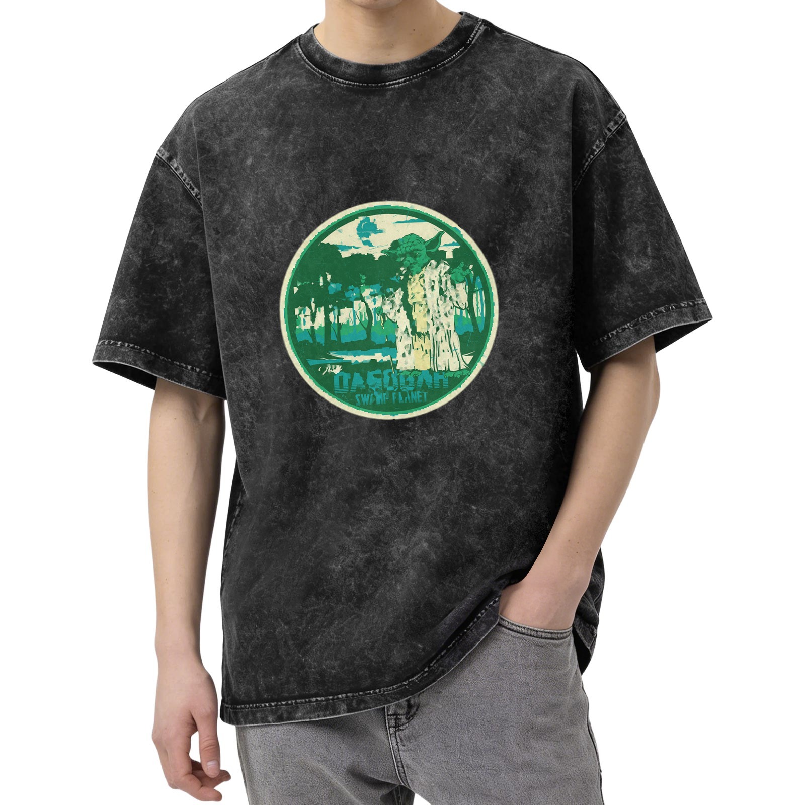 Oversized Acid Wash T-Shirt with Swamp Planet Graphic Print