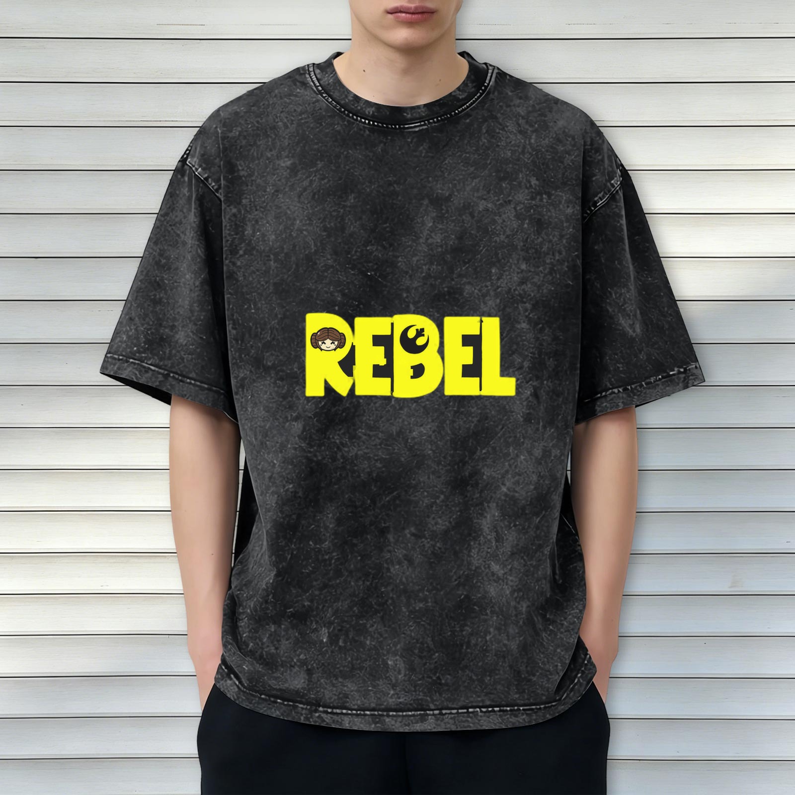 Washed Black Rebel Graphic T-Shirt with Princess Leia Art
