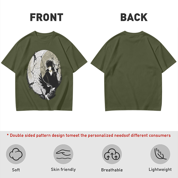 Olive T-shirt with Dark Anime Character and Raven Print
