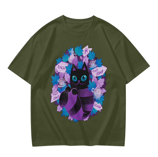 Olive T-Shirt With Whimsical Cheshire Cat Wonderland Art