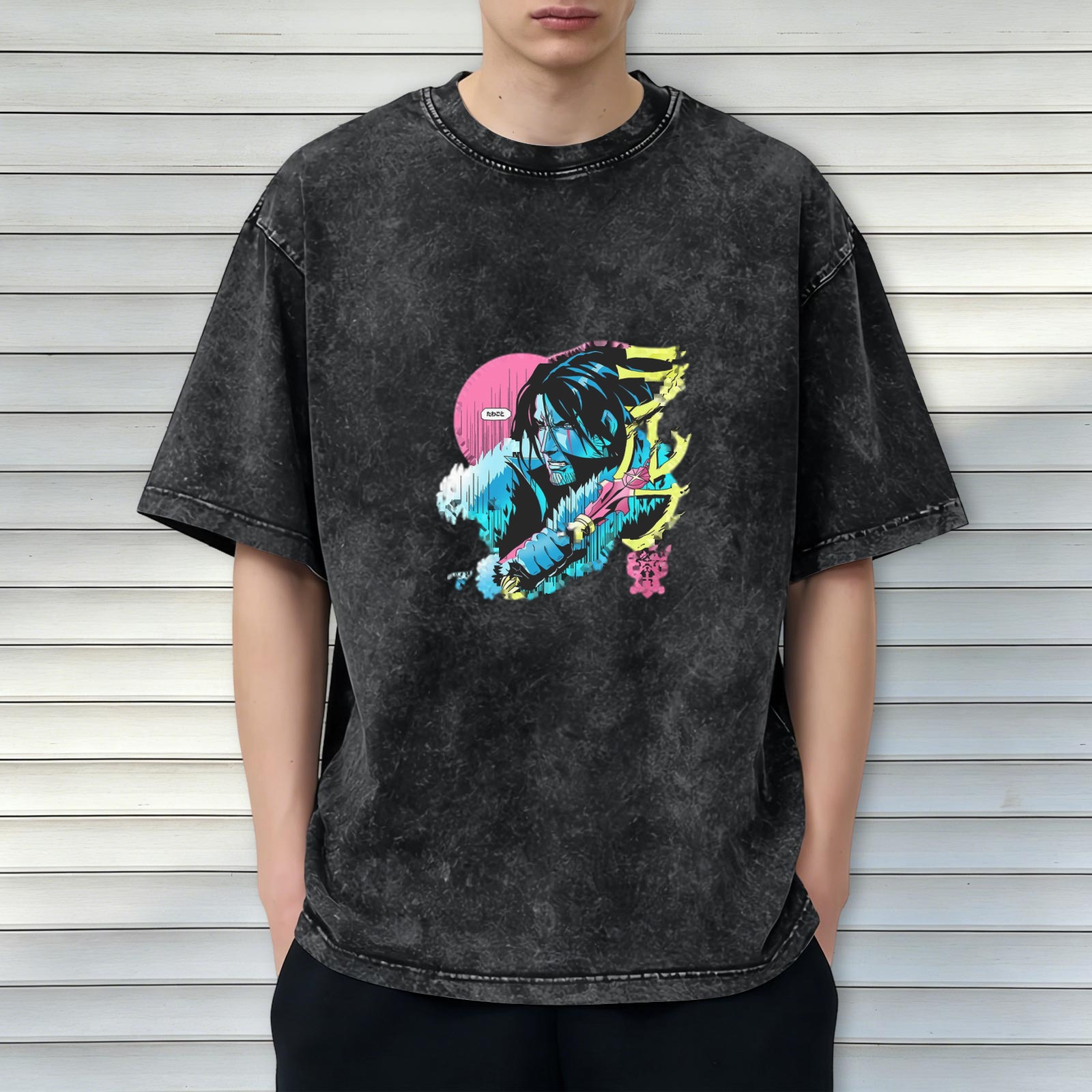 Distressed washed black loose short-sleeved T-shirt anime style character print design