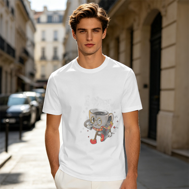 Olive T-Shirt With Wizard Coffee Cup Cartoon Print