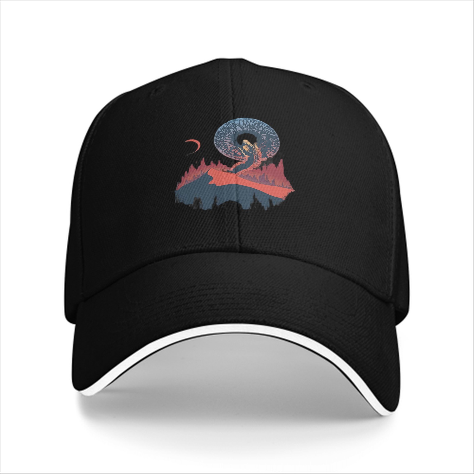 Black Baseball Cap With Surreal Celestial Mountain Art Print