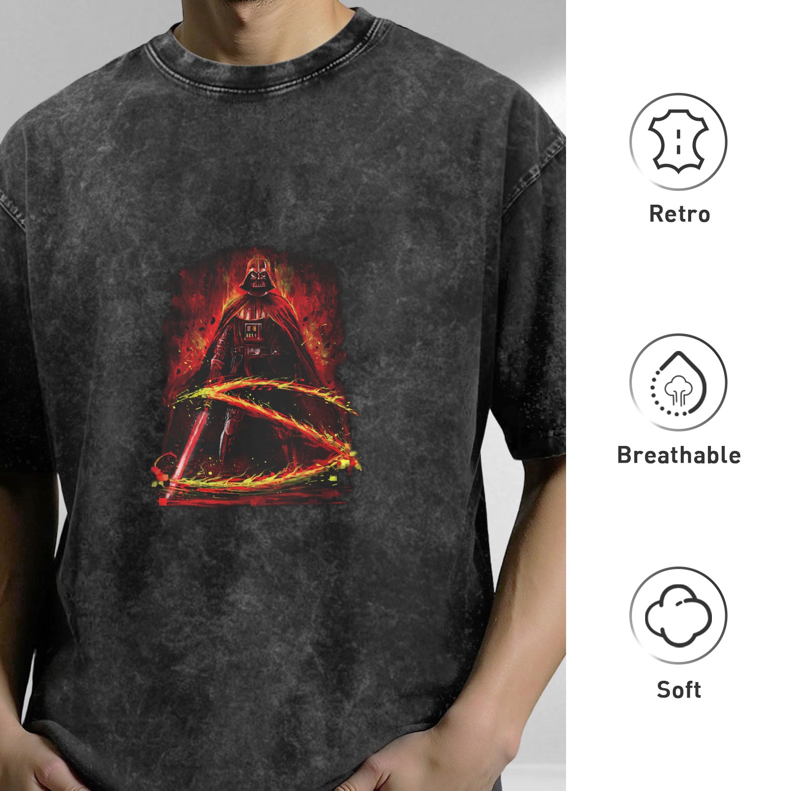 Oversized Dark Wash T-Shirt With Darth Vader Lightsaber Art