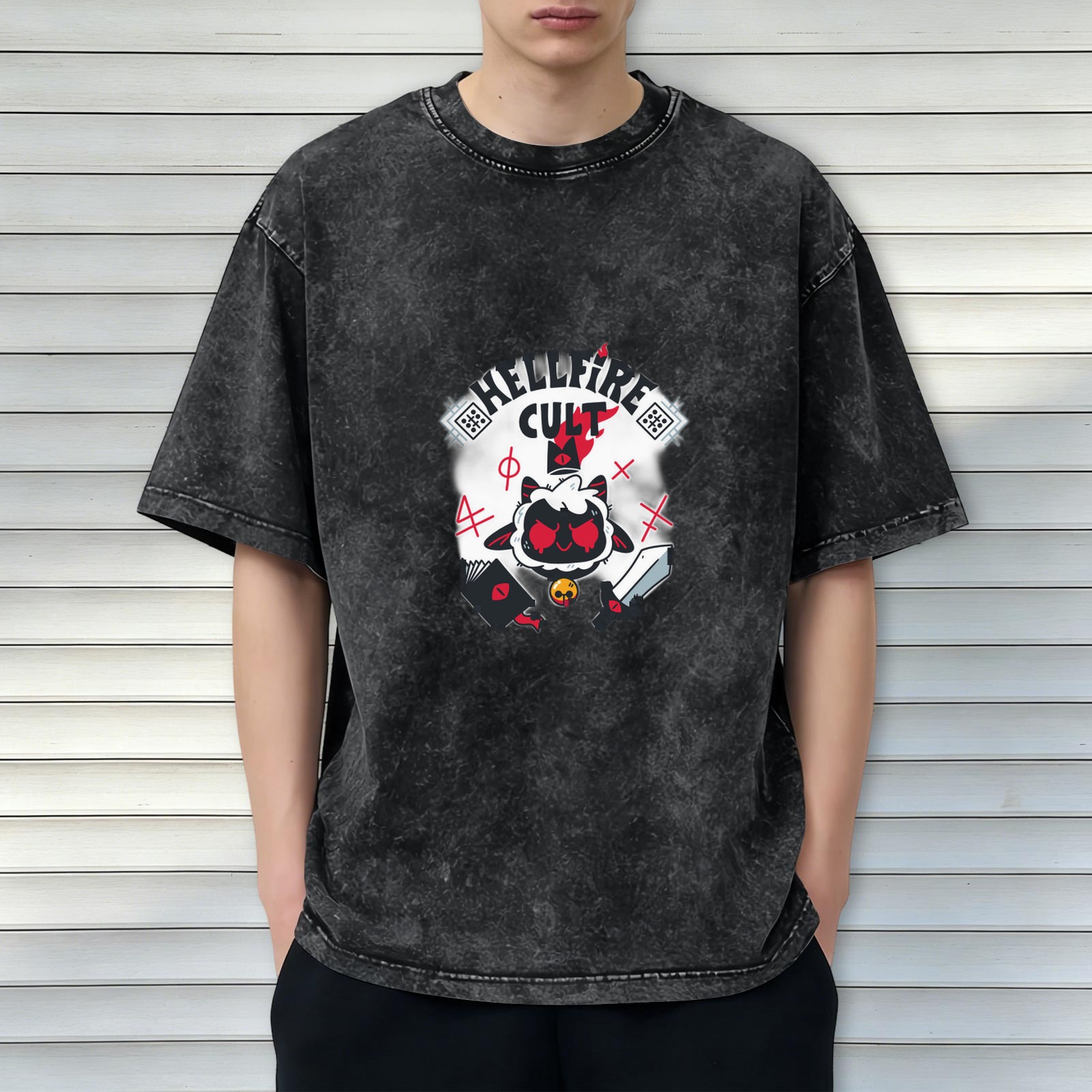 Distressed black HELLFIRE CULT cartoon lamb print loose short-sleeved T-shirt
