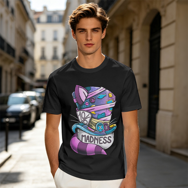 Olive T-Shirt With Mad Hatter Cheshire Cat Madness Graphic