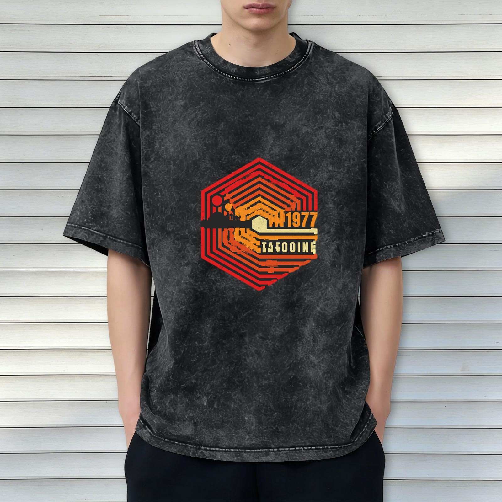 Vintage 1977 Tatooine Hexagon Graphic Stonewashed Black T-Shirt
