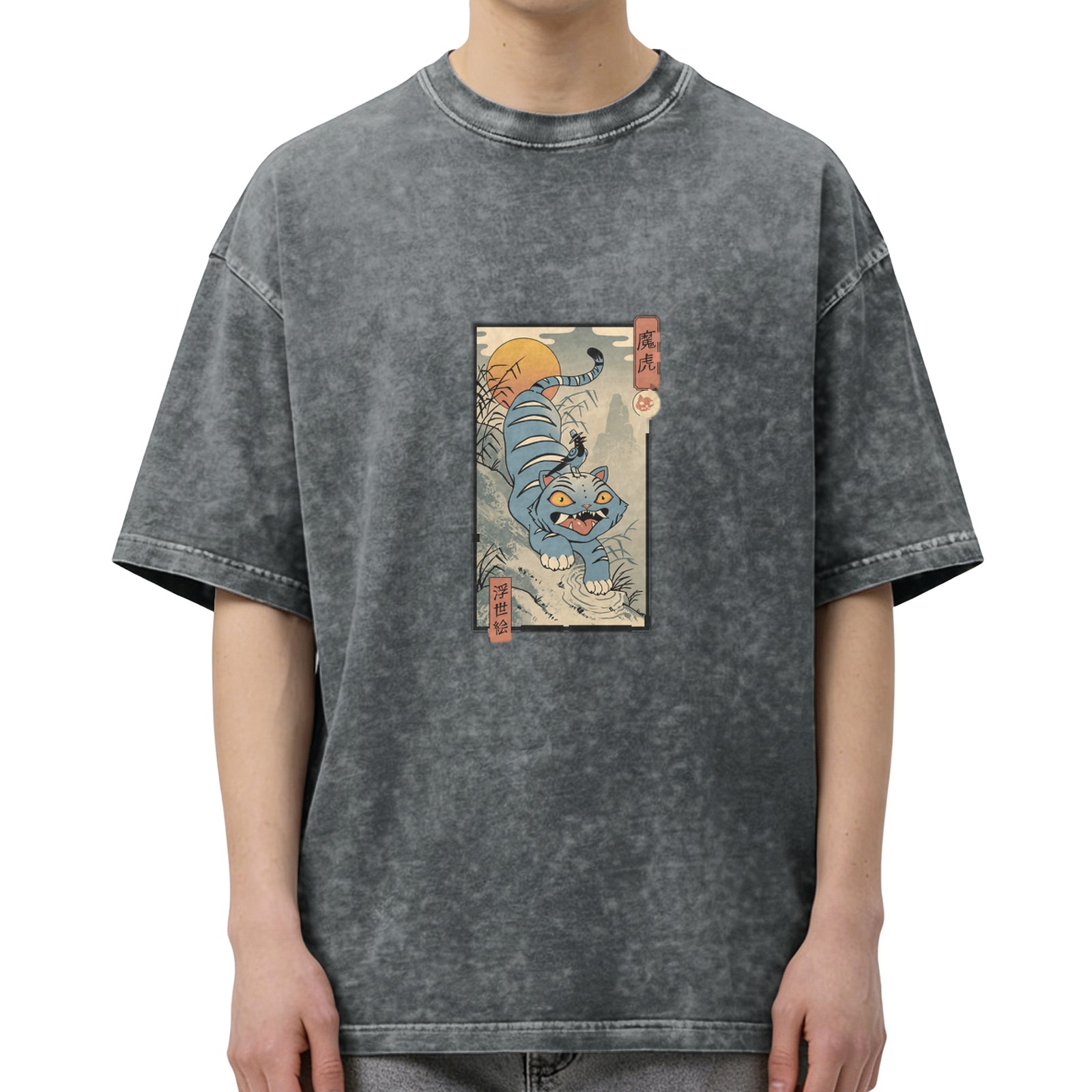 Washed distressed black loose short-sleeved T-shirt Ukiyo-e style blue tiger pattern printed top