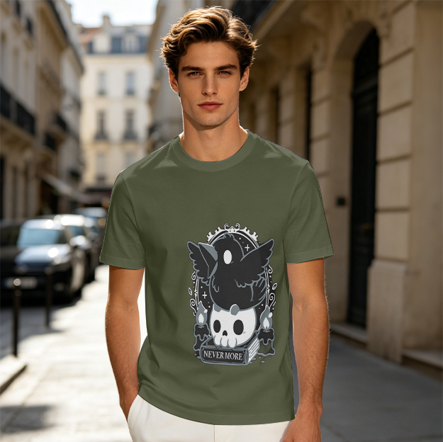 Olive Graphic T-Shirt With Raven Skull Nevermore Print