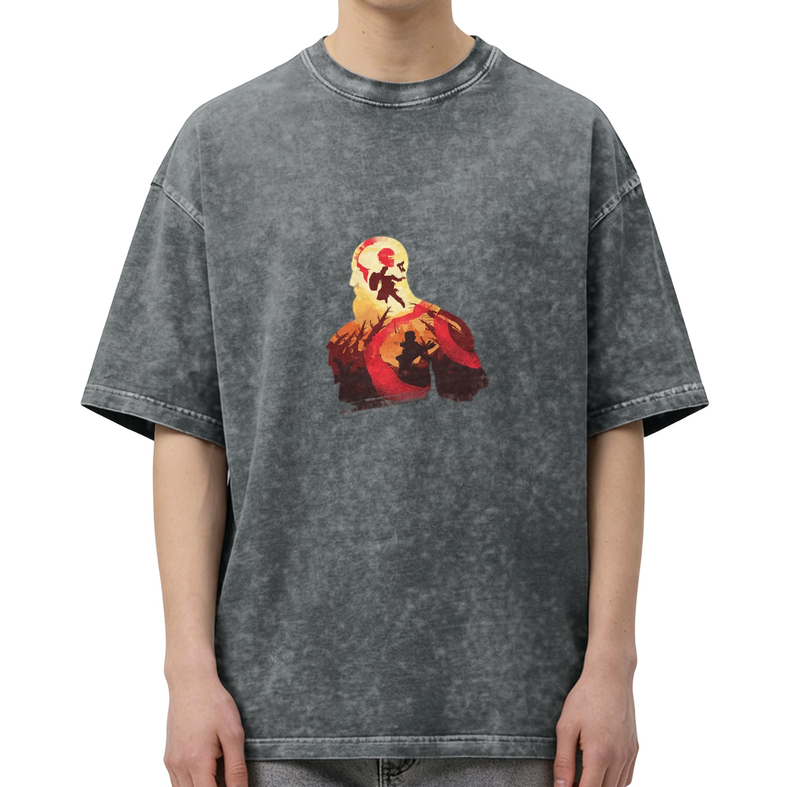 Distressed black printed short-sleeved T-shirt