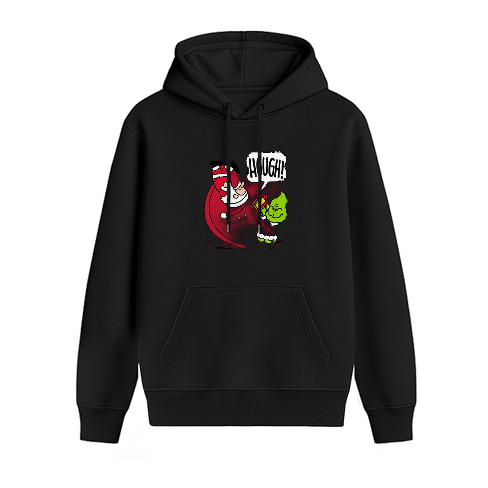 Black hoodie with Grinch and Santa graphic saying HUGH
