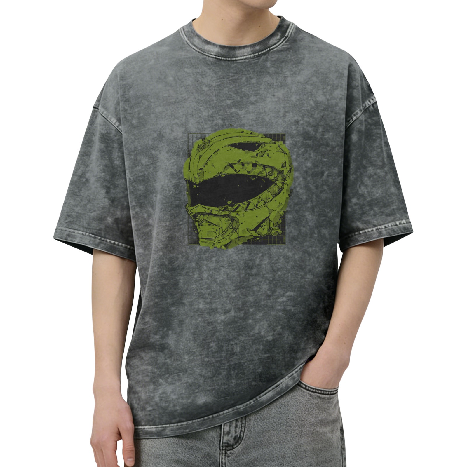 Washed black oversized t-shirt with green damaged helmet graphic