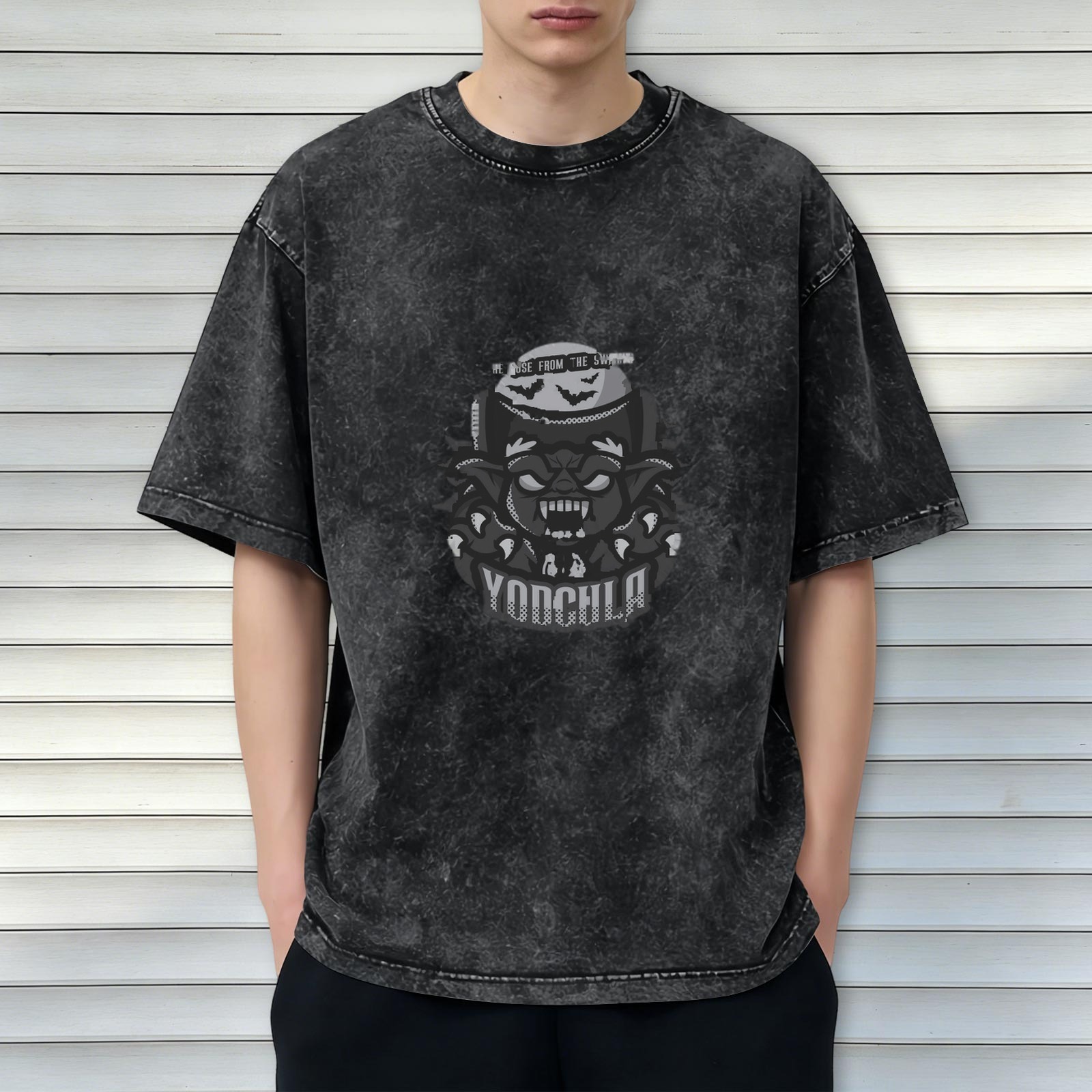 Oversized dark washed graphic t-shirt with vampire monster print