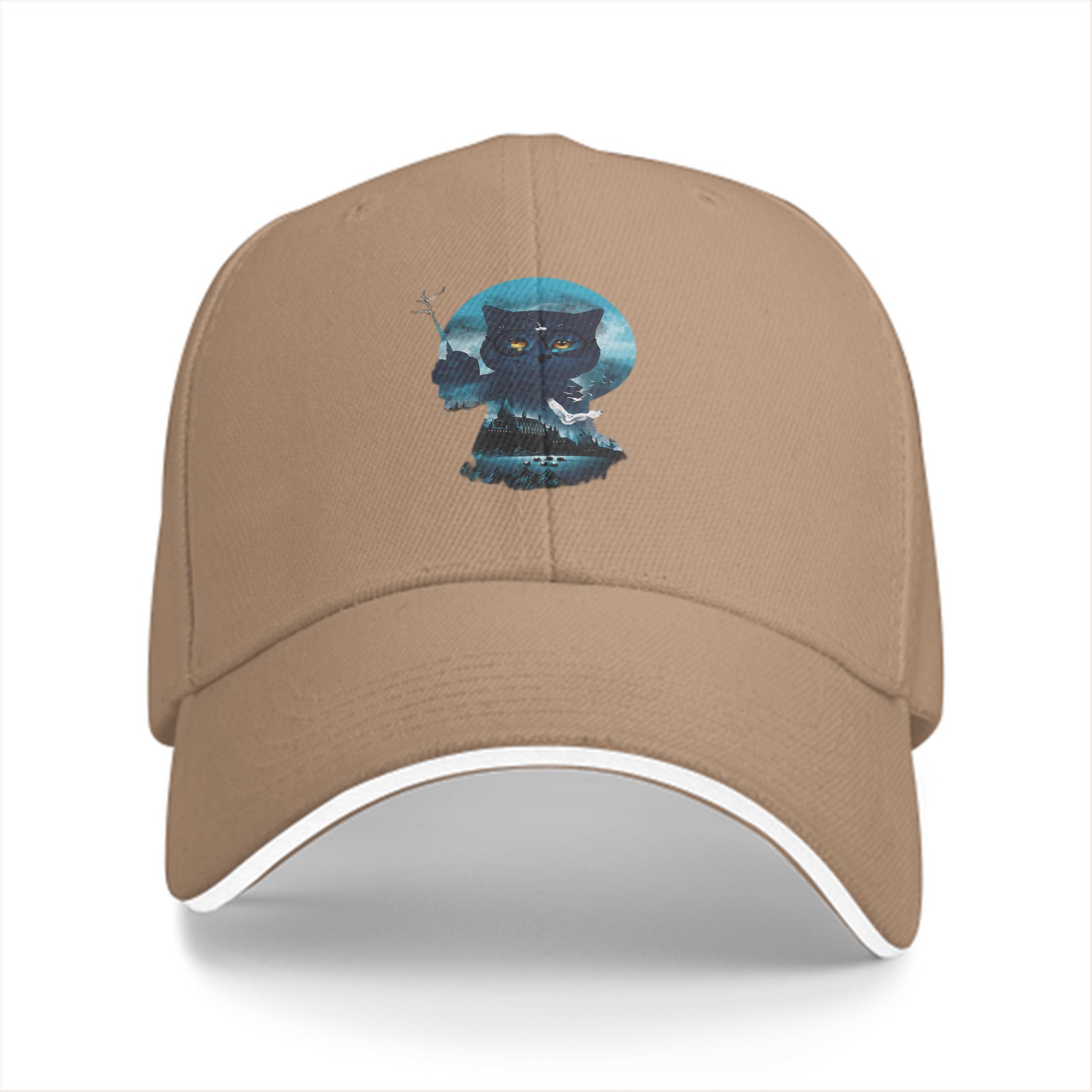 Black Baseball Cap With Mystical Owl Moon Graphic Design