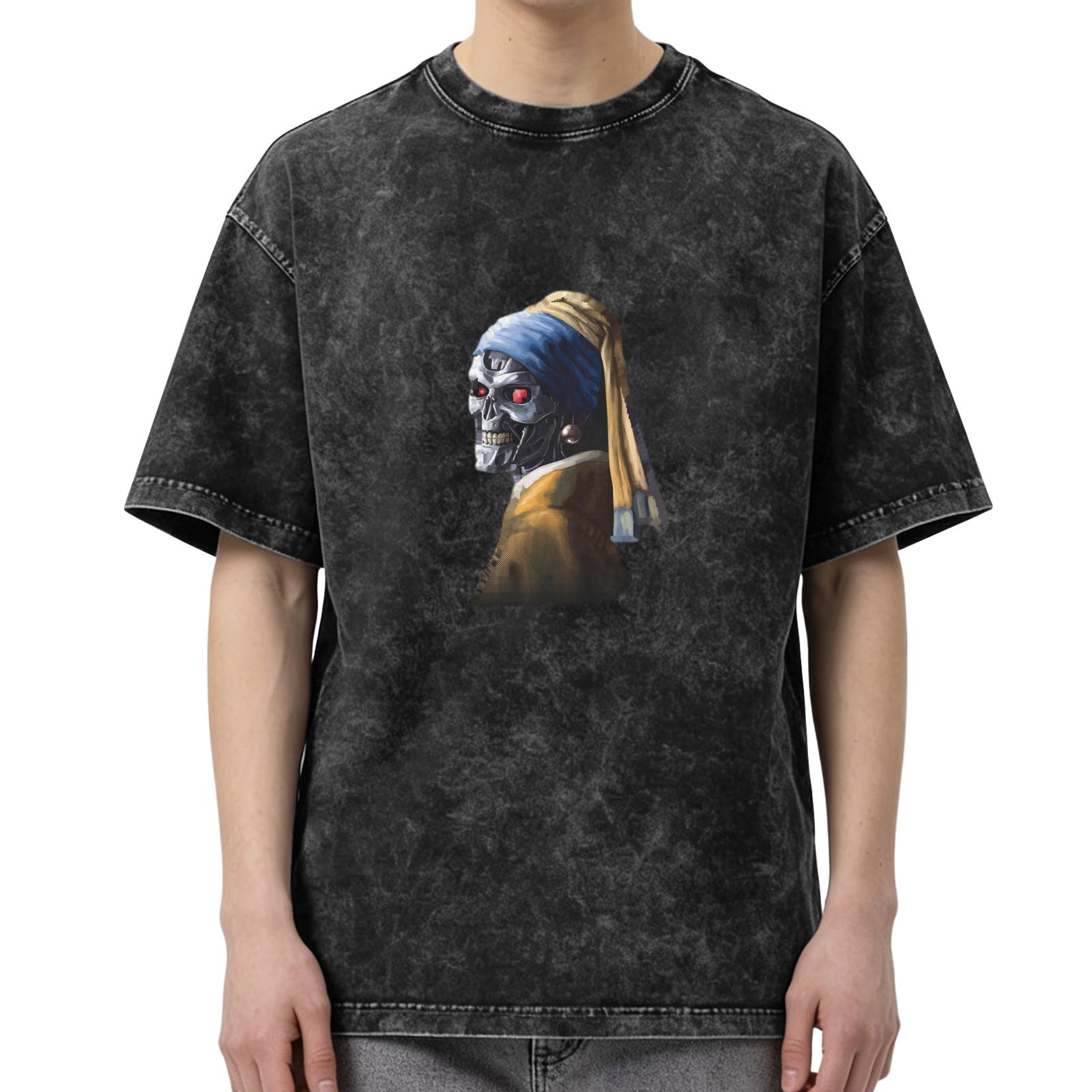 Washed black oversized t-shirt with Terminator Girl with Pearl Earring print