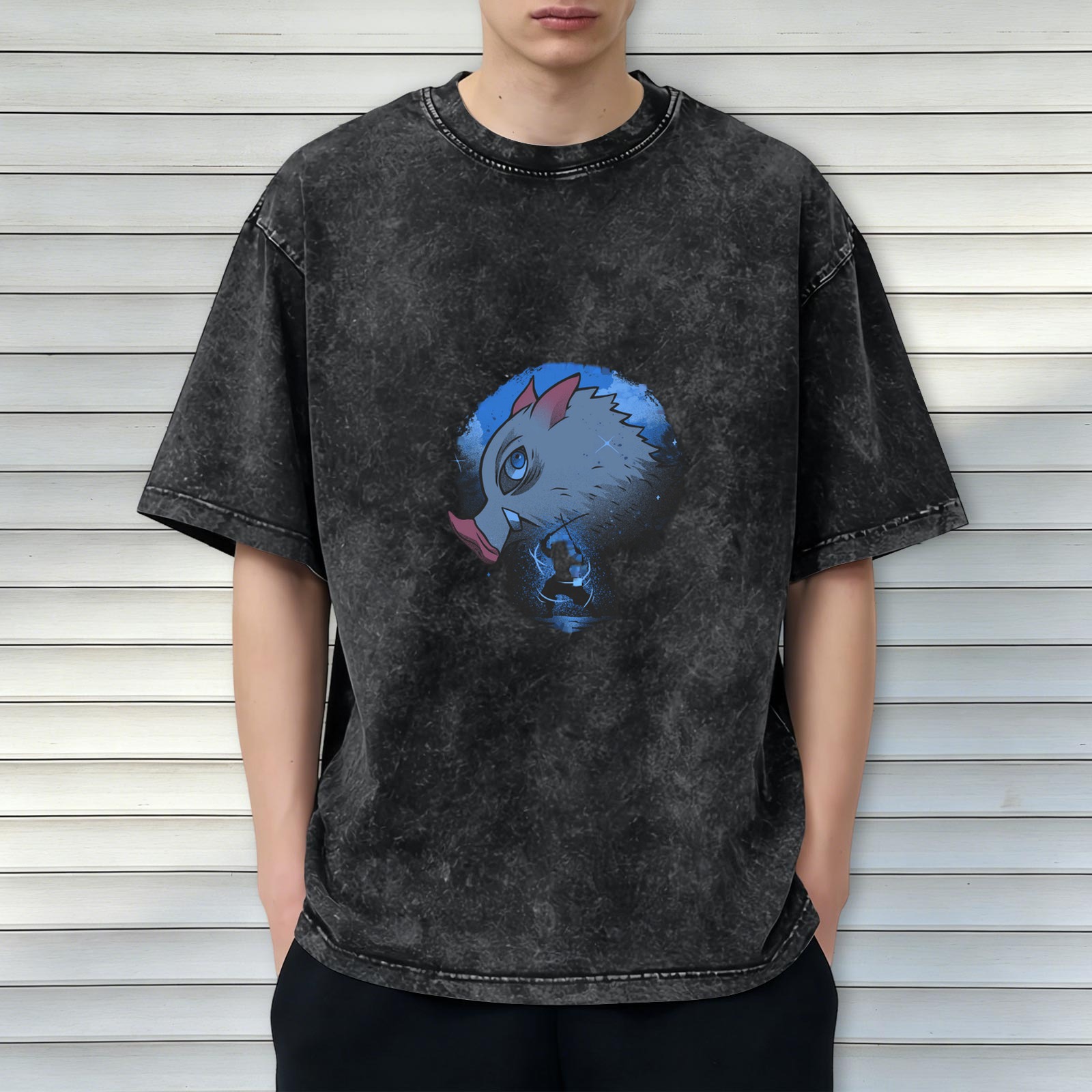 oversized dark washed t-shirt with anime boar head graphic