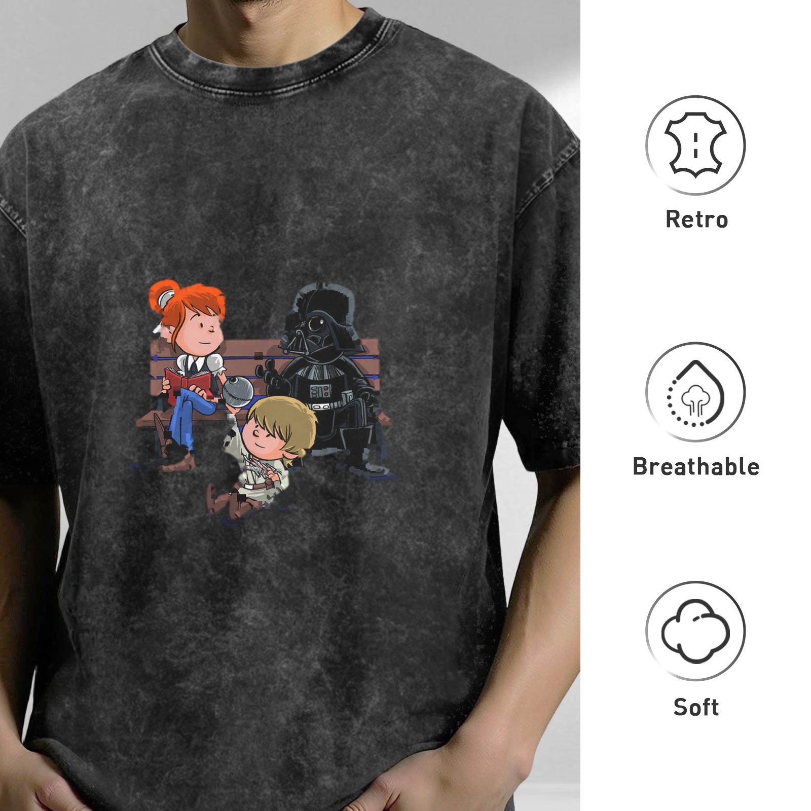 Washed black t-shirt with cartoon Star Wars characters graphic