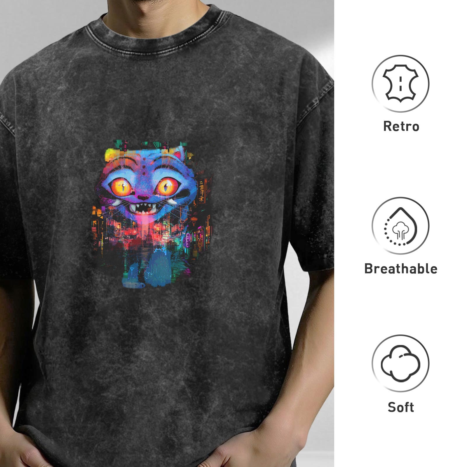 Oversized Acid Wash T-Shirt With Colorful Cheshire Cat Graphic