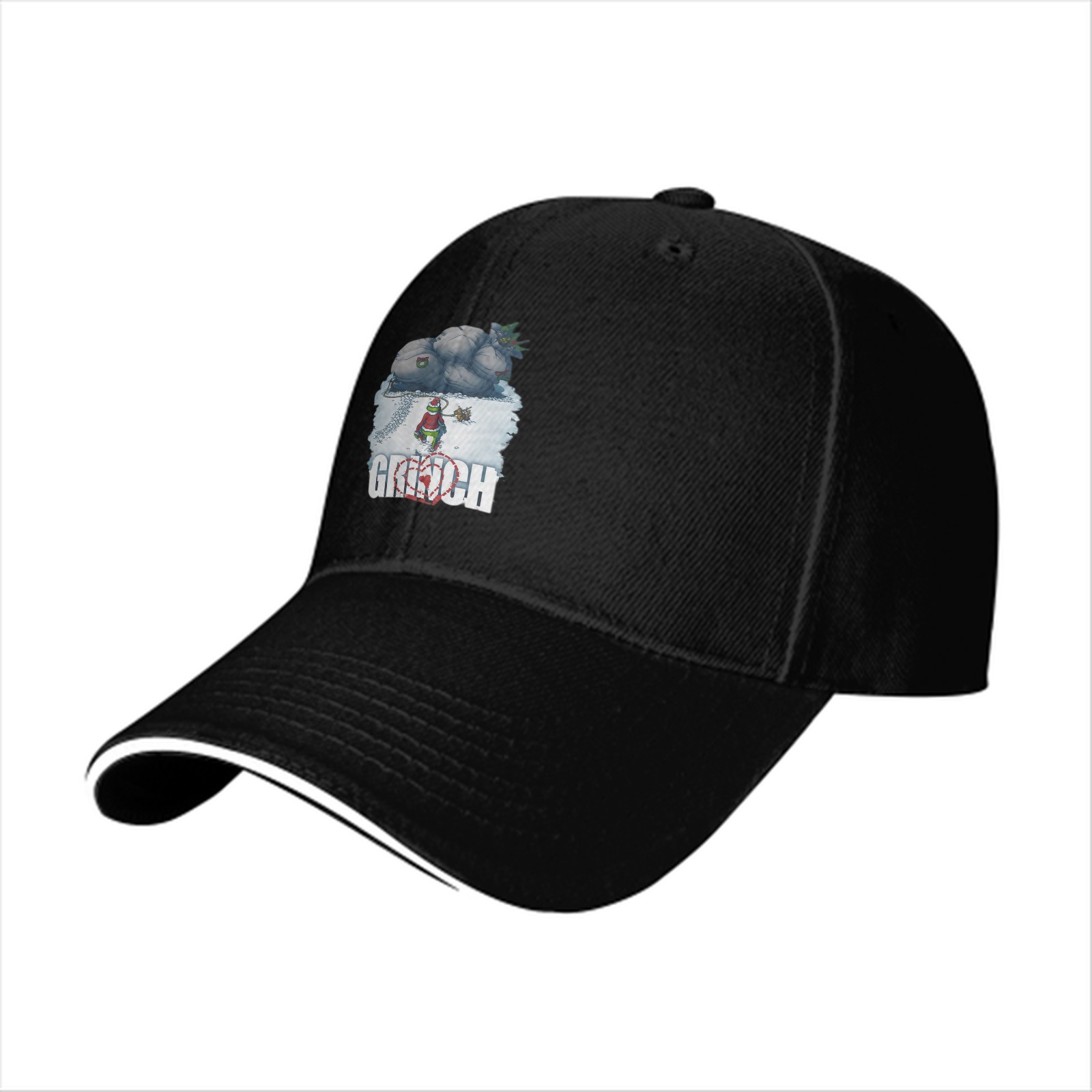 Black Baseball Cap With Grinch Winter Sleigh Graphic Design