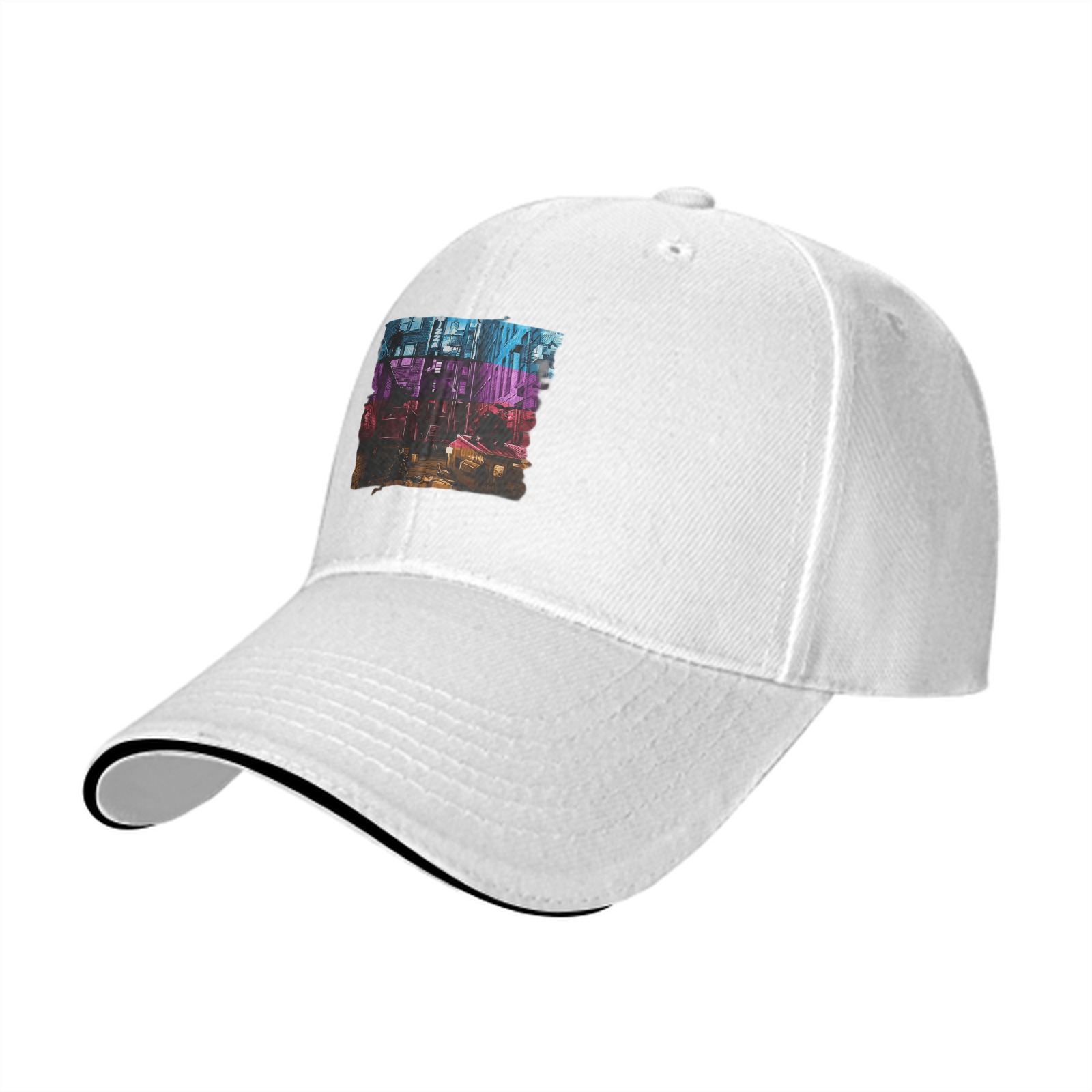 Black Baseball Cap with Neon Cyberpunk Cityscape Graphic
