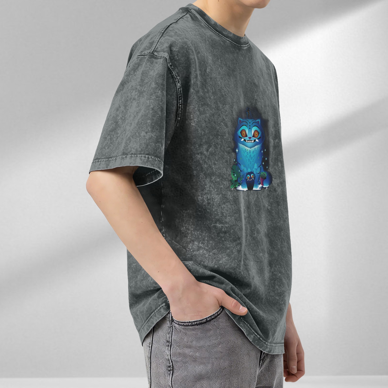 Distressed washed black loose short-sleeved T-shirt blue cat cartoon print trendy top