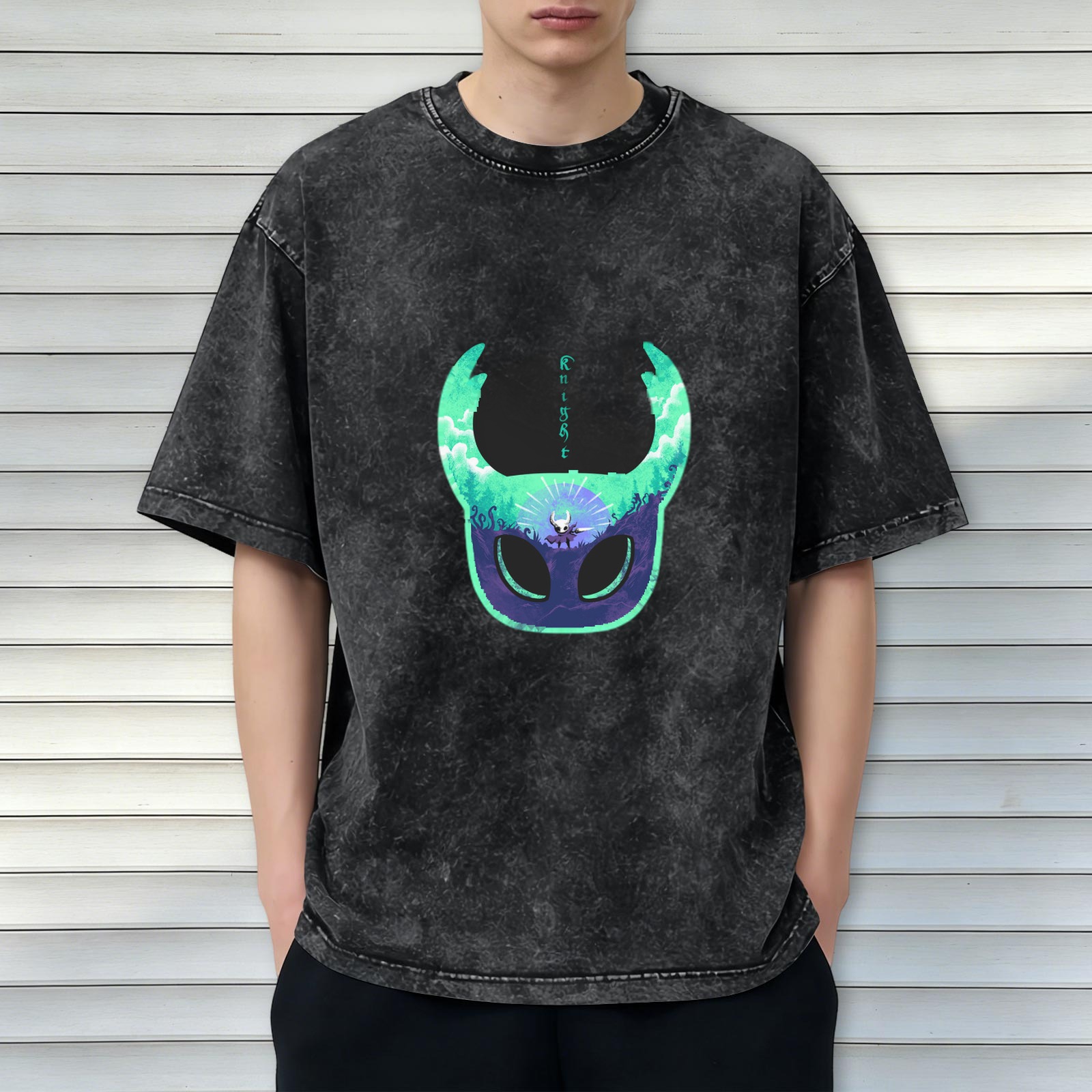 Oversized Dark Wash T-Shirt With Hollow Knight Mask Art Print