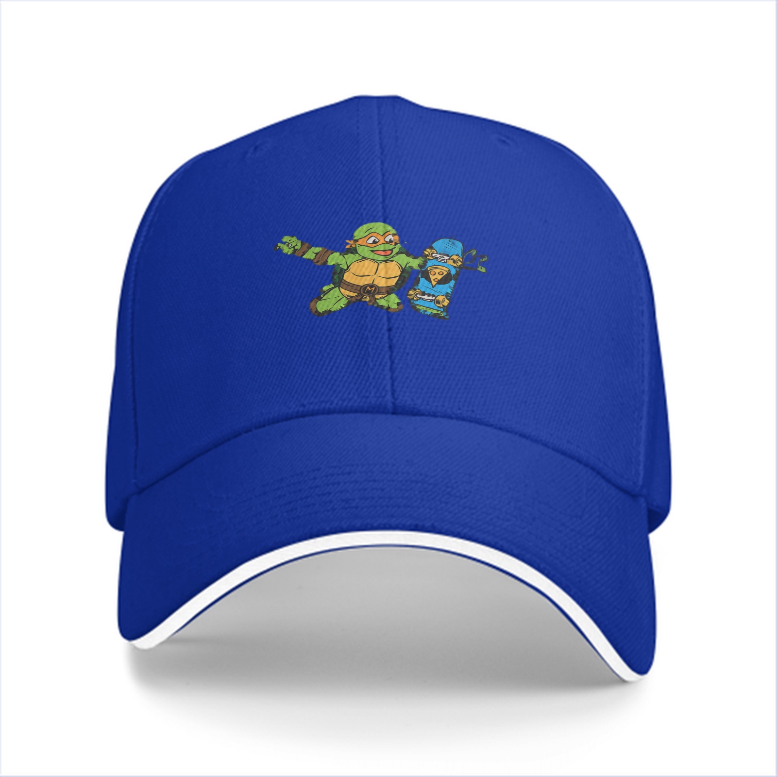 Black Baseball Cap with Cartoon Ninja Turtle Skateboard Graphic