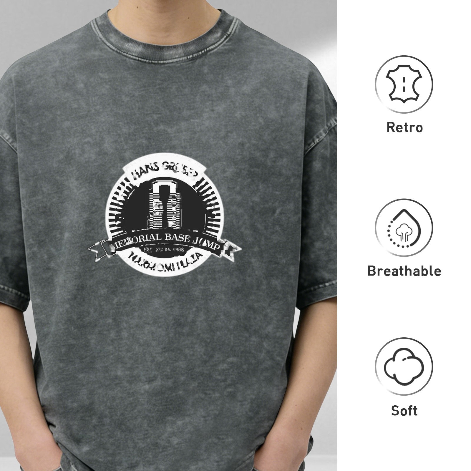 Oversized Acid-Wash Black Graphic T-Shirt with 'Hans Gruber Memorial Base Jump' Print