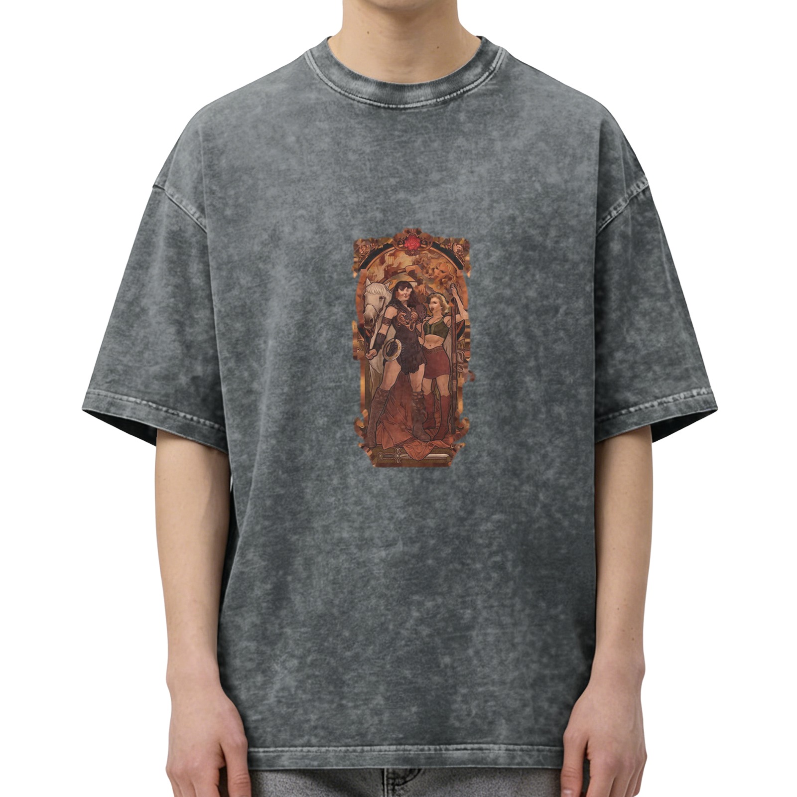 Distressed black printed short-sleeved T-shirt